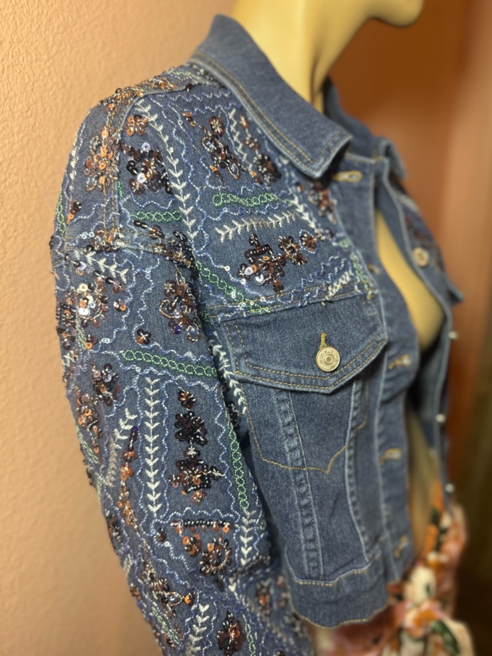 Embellished Denim Jacket Cropped Blue Sequin Embroidered Boho Western